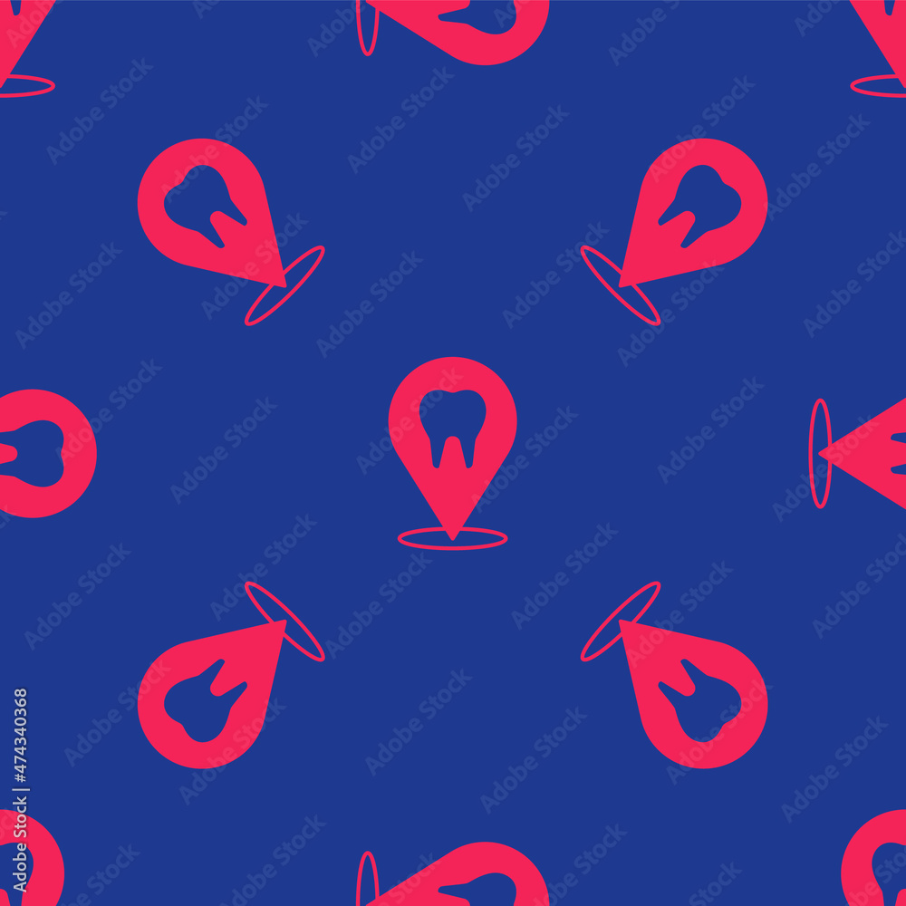 Red Dental clinic location icon isolated seamless pattern on blue background. Vector Red Dental clinic location icon isolated seamless pattern on blue background. Vector
