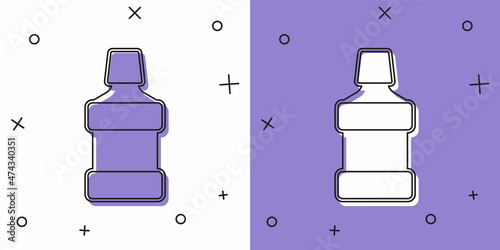 Set Mouthwash plastic bottle icon isolated on white and purple background. Liquid for rinsing mouth. Oralcare equipment. Vector