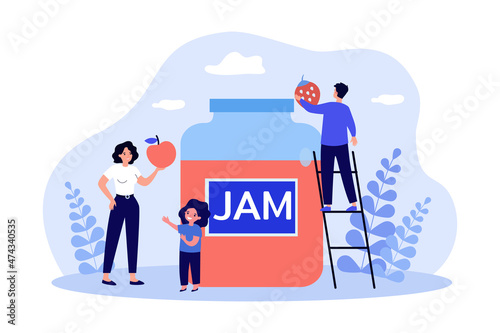 Tiny family people standing near jar of jam. Man and woman holding tasty fruit ingredients flat vector illustration. Jam production, sweet food concept for banner, website design or landing web page