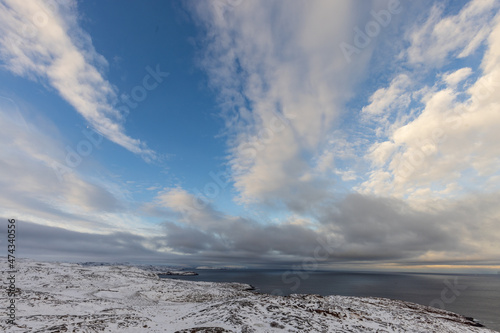 Clouds over the gulf of the Arctic Ocean. Teriberka village, Murmansk region, Russia.