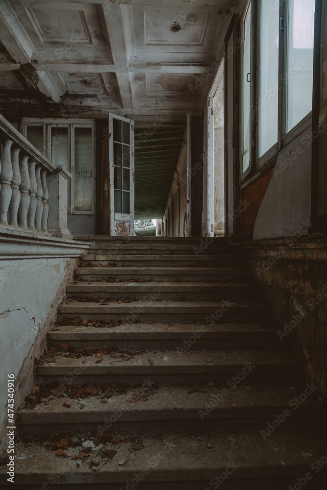 Fototapeta premium An ancient staircase in an old abandoned manor. Dirty shabby steps. Beautiful architecture.