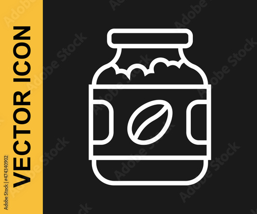 White line Coffee jar bottle icon isolated on black background. Vector