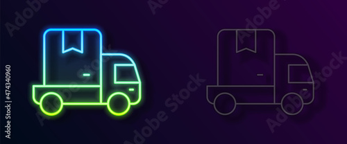 Glowing neon line Delivery cargo truck vehicle icon isolated on black background. Vector