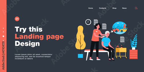 Nurse bandaging head of sad female patient after car accident. Woman thinking about vehicles bumping flat vector illustration. Medicine, accident concept for banner, website design or landing web page