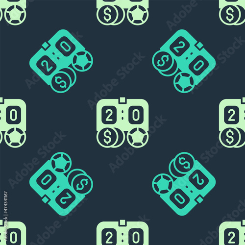 Green and beige Soccer football betting money icon isolated seamless pattern on blue background. Football bet bookmaker. Soccer betting online make money. Vector