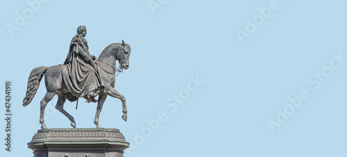 Historical and touristic center in Dresden downtown and statue of King Johann on horse, Dresden, Germany, at summer sunny day and blue sky solid background with copy space.
