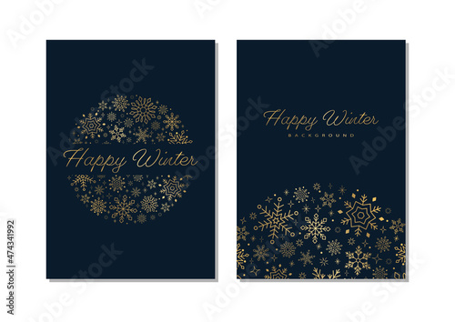 Set of Card Design with Golden Snowflakes  Navy Background