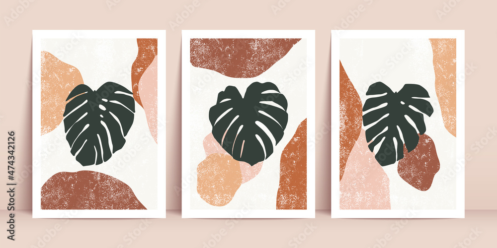 Botanical wall art vector set. Boho foliage line art drawing with abstract shapes. Abstract Plant Art design for print, cover, wallpaper, Minimal and natural wall art.