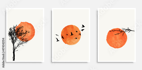 Boho poster set. Hand drawn shapes, trees and birds.