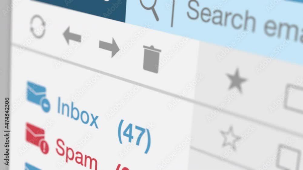 email client software interface, close-up view,number counter for inbox and spam emails, concept of online scam, phishing and malware (3d render)