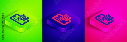 Isometric line Mobile phone and shopping cart icon isolated on green, blue and pink background. Online buying symbol. Supermarket basket symbol. Square button. Vector