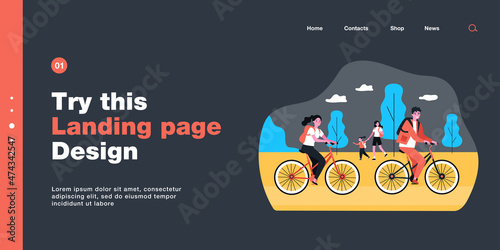 People with backpacks enjoying nature. Flat vector illustration. Couple on bicycles, daughter with mom in background, tent set up in forest or park. Nature, walk, tourism, lifestyle, family concept