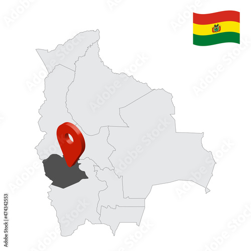 Location  Oruro Department  on map Bolivia. 3d location sign similar to the flag of Oruro. Quality map  with Departments of  Bolivia for your design. EPS10