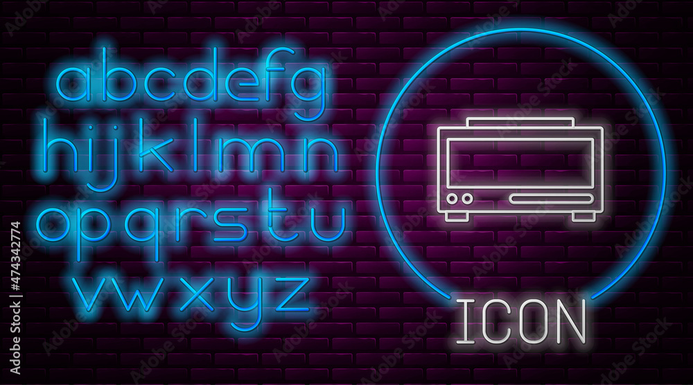 Glowing neon line Digital alarm clock icon isolated on brick wall background. Electronic watch alarm clock. Time icon. Neon light alphabet. Vector Glowing neon line Digital alarm clock icon isolated on brick wall background. Electronic watch alarm clock. Time icon. Neon light alphabet. Vector
