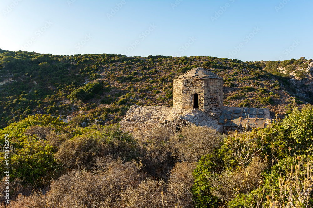 Old ancient church of St Barbara in Palaiohora village in Kythera island in Greece. The remains of the island Byzantine capital.