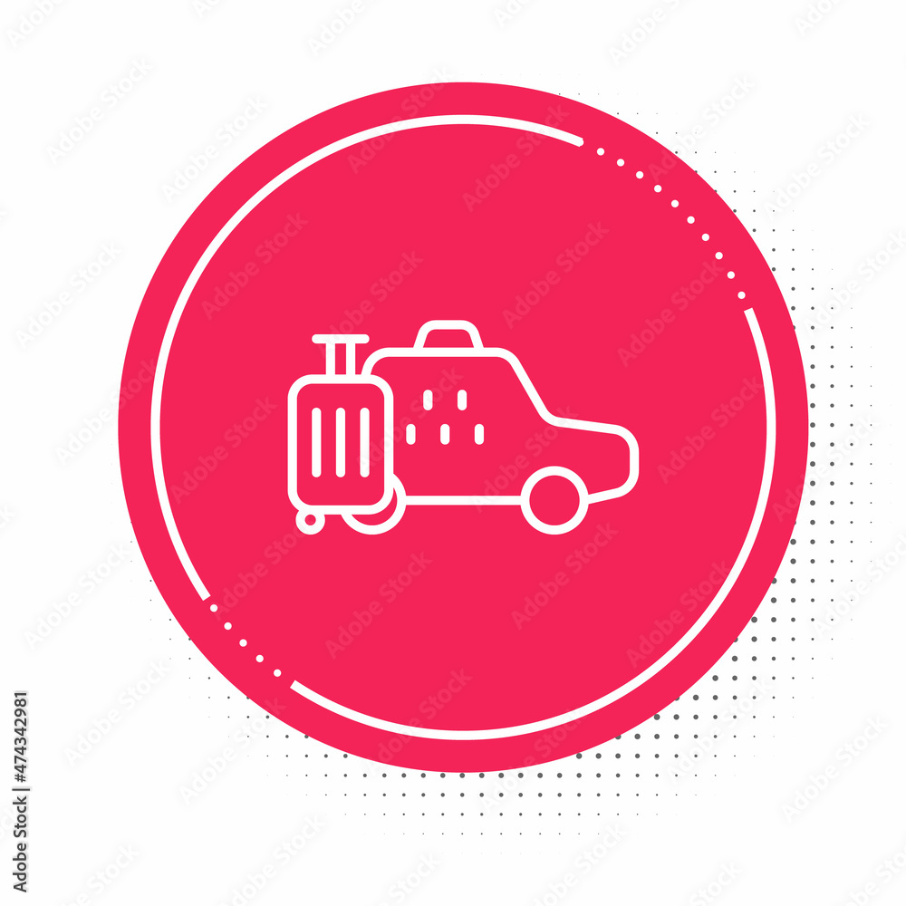 White line Taxi car icon isolated on white background. Red circle button. Vector White line Taxi car icon isolated on white background. Red circle button. Vector