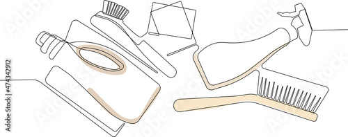 Continuous one line drawing of cleaning set for bathroom cleaning supplies brushes scrubbing and body skin care liquid bottle. Minimal concept. Vector illustration