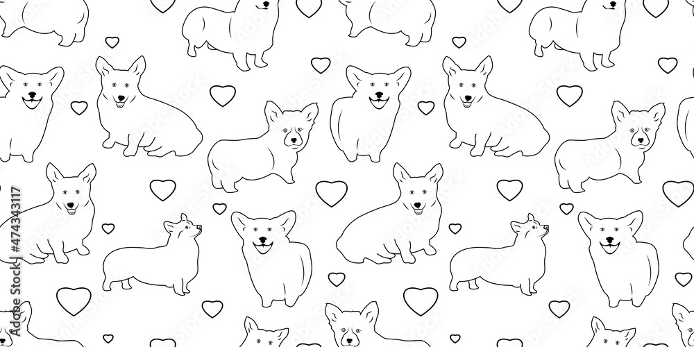 Vector seamless pattern with cute dogs. Black and white.