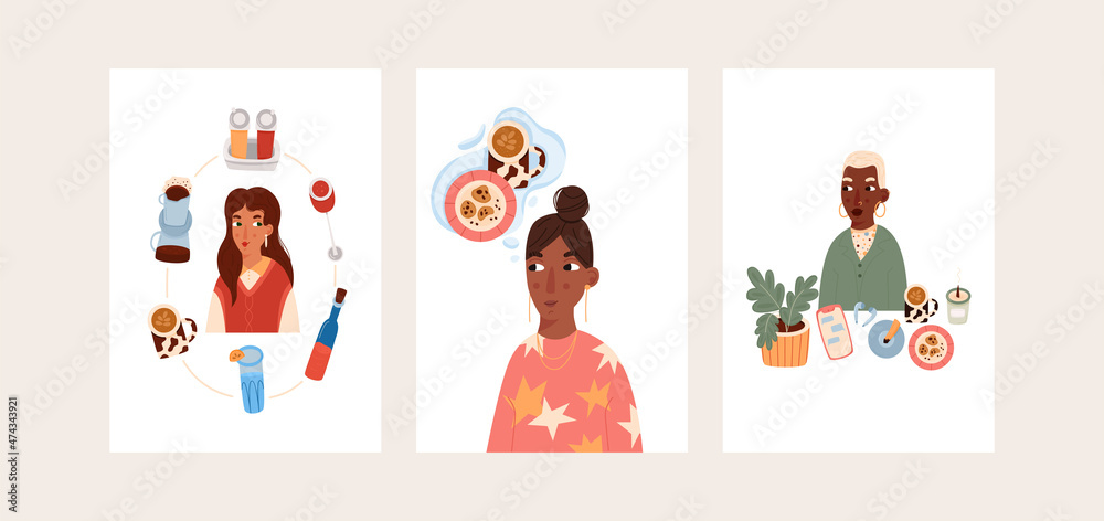 Set of cute posters with girls and objects. Pretty modern prints for any purpose design. Vector illustration isolated on background