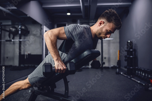 Exercises for arms and triceps. Functional weight loss training for a slim and fit body. An athlete focused on training leaning on a sports bench in the gym and lifts dumbbells. 