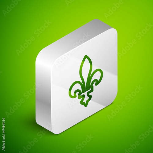 Isometric line Fleur De Lys icon isolated on green background. Silver square button. Vector