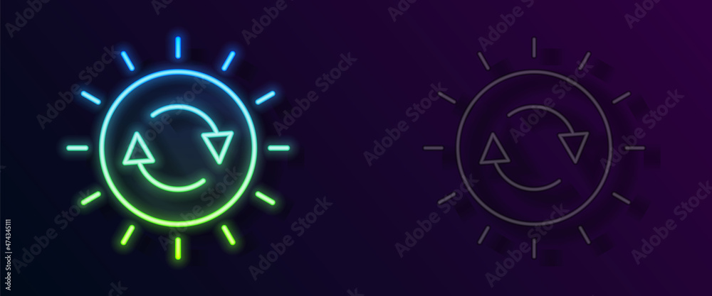 Glowing neon line Solar energy panel icon isolated on black background. Sun with lightning symbol. Vector Glowing neon line Solar energy panel icon isolated on black background. Sun with lightning symbol. Vector