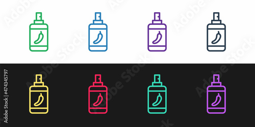 Set line Pepper spray icon isolated on black and white background. OC gas. Capsicum self defense aerosol. Vector