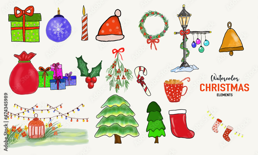 Set of hand-drawn Watercolor Christmas Elements Clipart set