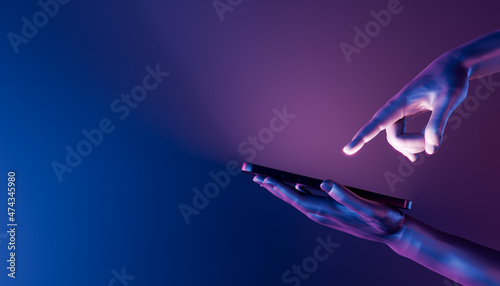 3D hands holding a smartphone and pointing at it