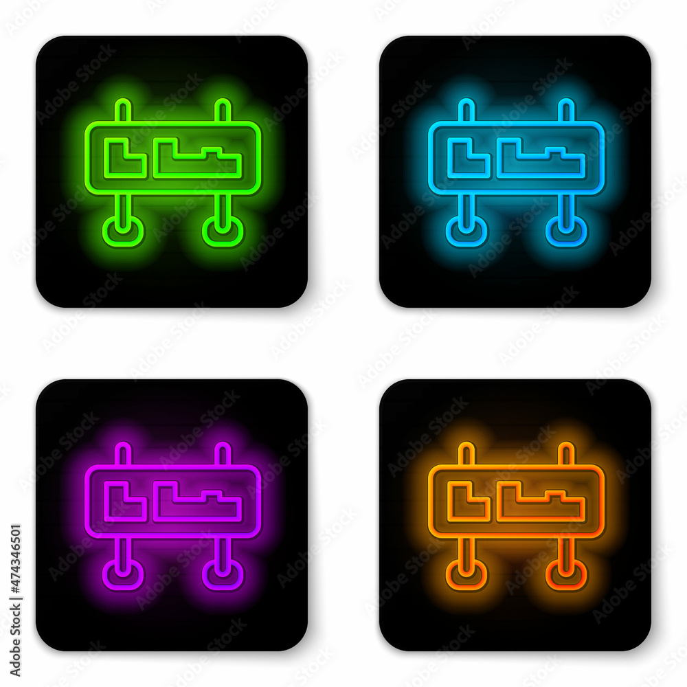 Glowing neon line Road traffic sign. Signpost icon isolated on white background. Pointer symbol. Isolated street information sign. Direction sign. Black square button. Vector Glowing neon line Road traffic sign. Signpost icon isolated on white background. Pointer symbol. Isolated street information sign. Direction sign. Black square button. Vector