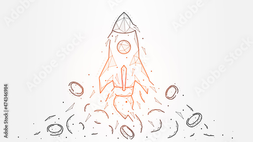 Polygonal vector illustration of rocket launch and coins, money. Business startup, finance and business template, banner or background