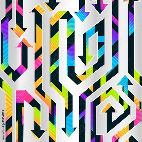 Arrow geometric seamless pattern with rainbow background.