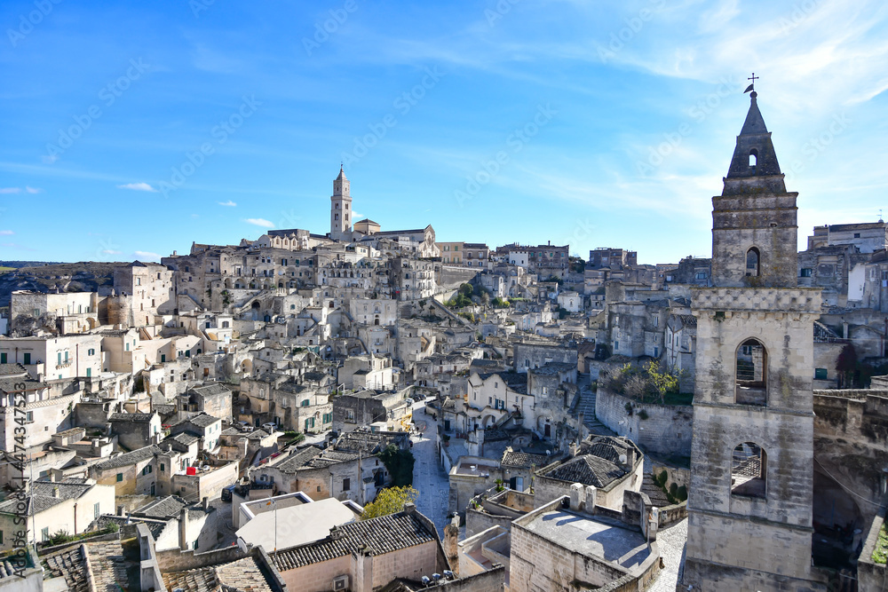 View of Matera, an ancient city built into the rock. It is located in the Basilicata region, Italy.