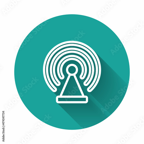 White line Radar icon isolated with long shadow background. Search system. Satellite sign. Green circle button. Vector