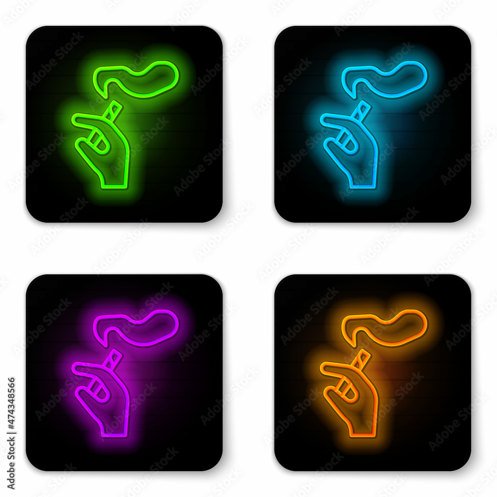 Glowing neon line Hand with smoking cigarette icon isolated on white background. Tobacco sign. Black square button. Vector Glowing neon line Hand with smoking cigarette icon isolated on white background. Tobacco sign. Black square button. Vector