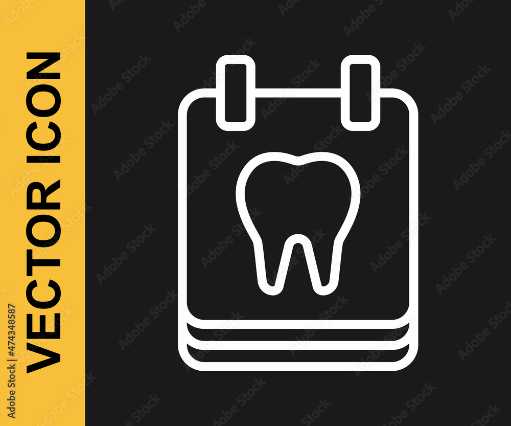 White line Calendar with tooth icon isolated on black background. International Dentist Day, March 6. March holiday calendar. Vector