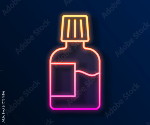 Glowing neon line Mouthwash plastic bottle icon isolated on black background. Liquid for rinsing mouth. Oralcare equipment. Vector