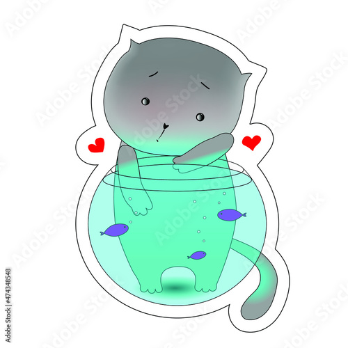 A cat is playing with fish in aquarium. Vector illustration.