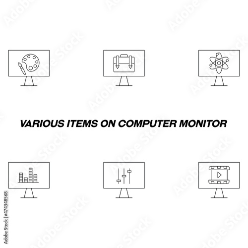 Monitors and computer screen concept. Modern symbols in flat style. Line icon set including icons of  pallette, backpack, molecule, sound bar, cine film on computer monitor