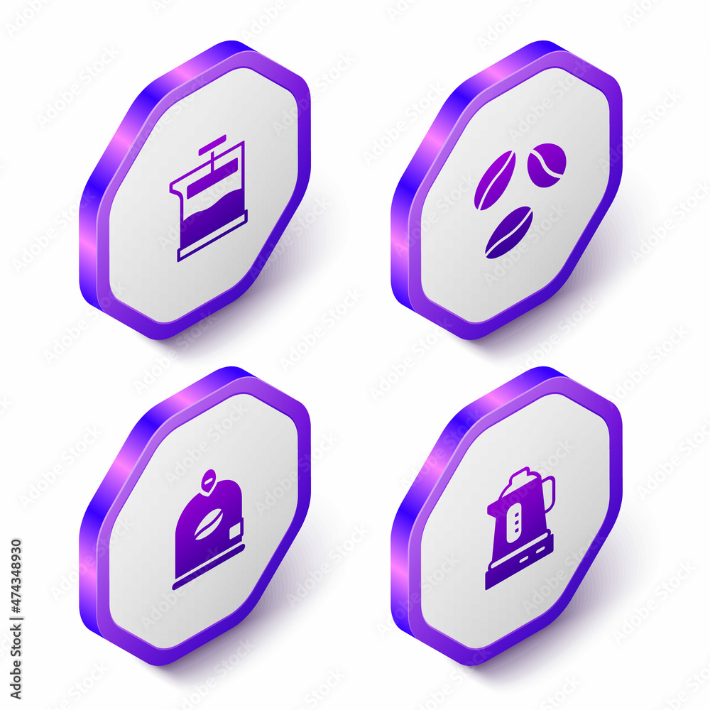 Set Isometric French press, Coffee beans, Bag coffee and Electric kettle icon. Purple hexagon button. Vector Set Isometric French press, Coffee beans, Bag coffee and Electric kettle icon. Purple hexagon button. Vector