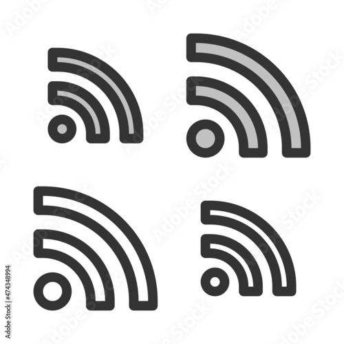 Pixel-perfect linear icon of RSS sign built on two base grids of 32 x 32 and 24 x 24 pixels. The initial base line weight is 2 pixels. In two-color and one-color versions. Editable strokes