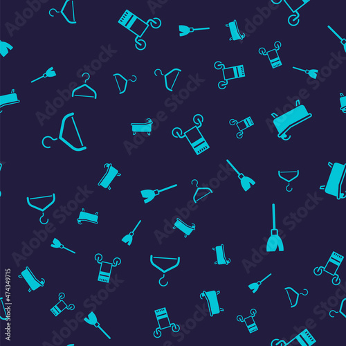 Set Hanger wardrobe, Bathtub, Towel on hanger and Handle broom on seamless pattern. Vector