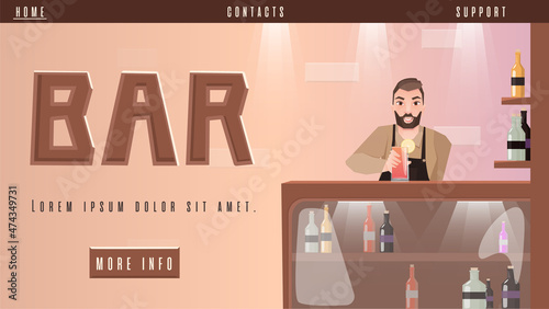 Banner with bar and bartender mixing cocktail at baron counter