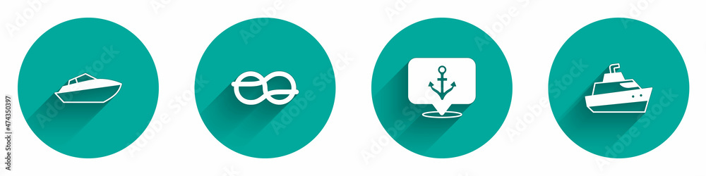 Set Speedboat, Nautical rope knots, Anchor and icon with long shadow. Vector Set Speedboat, Nautical rope knots, Anchor and icon with long shadow. Vector