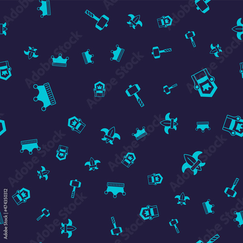 Set King crown, Medieval throne, Battle hammer and Fleur de lys or lily flower on seamless pattern. Vector