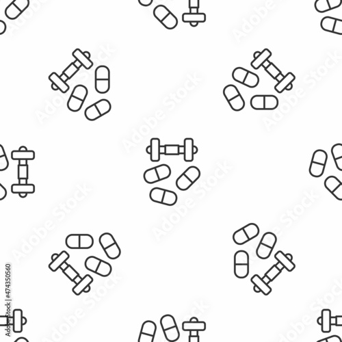 Grey line Sports doping, anabolic drugs with dumbbell icon isolated seamless pattern on white background. Anabolic steroids tablet. Pills in jar. Vector