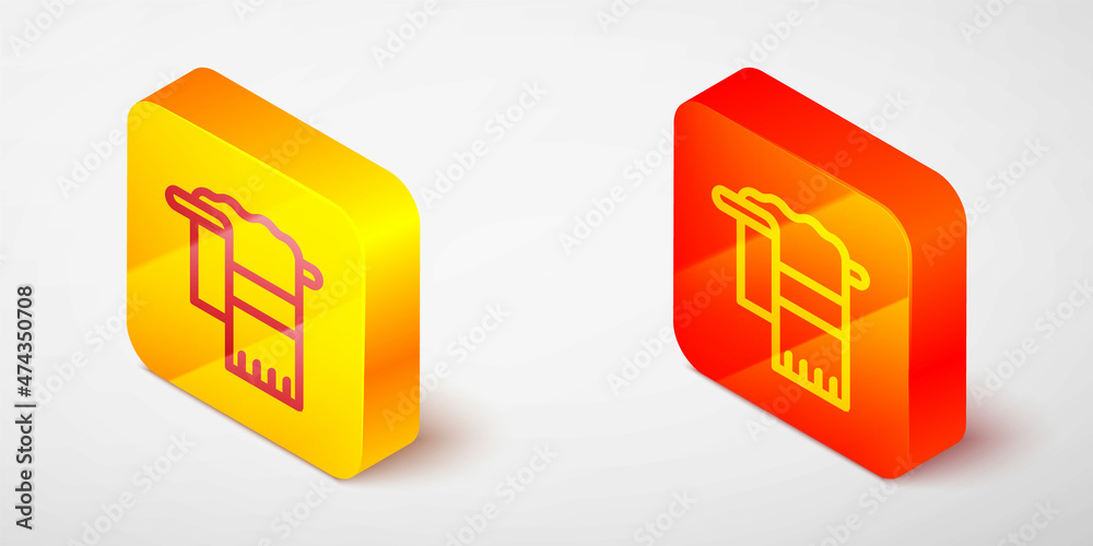 Isometric line Towel on hanger icon isolated on grey background. Bathroom towel icon. Yellow and orange square button. Vector Isometric line Towel on hanger icon isolated on grey background. Bathroom towel icon. Yellow and orange square button. Vector