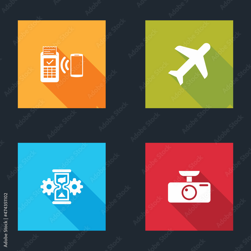 Fototapeta premium Set POS terminal, Plane, Hourglass and gear and Car DVR icon. Vector