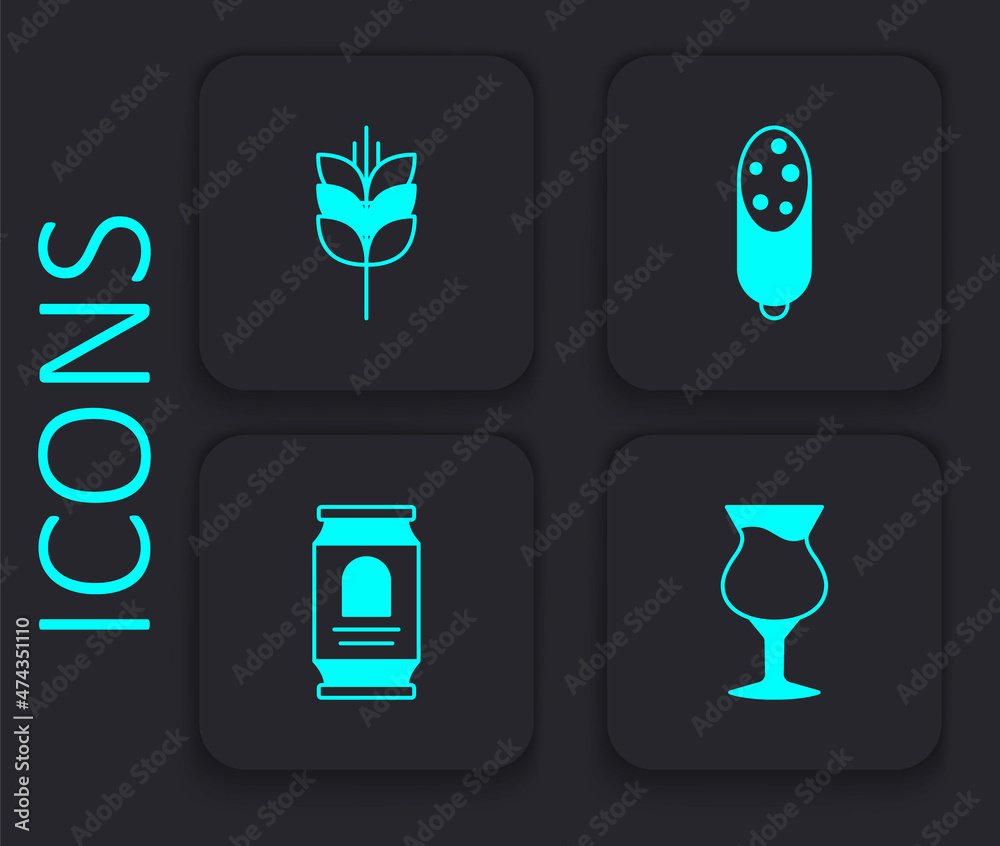 Set Glass of beer, Wheat, Salami sausage and Beer can icon. Black square button. Vector Set Glass of beer, Wheat, Salami sausage and Beer can icon. Black square button. Vector