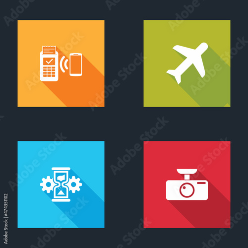 Set POS terminal, Plane, Hourglass and gear and Car DVR icon. Vector